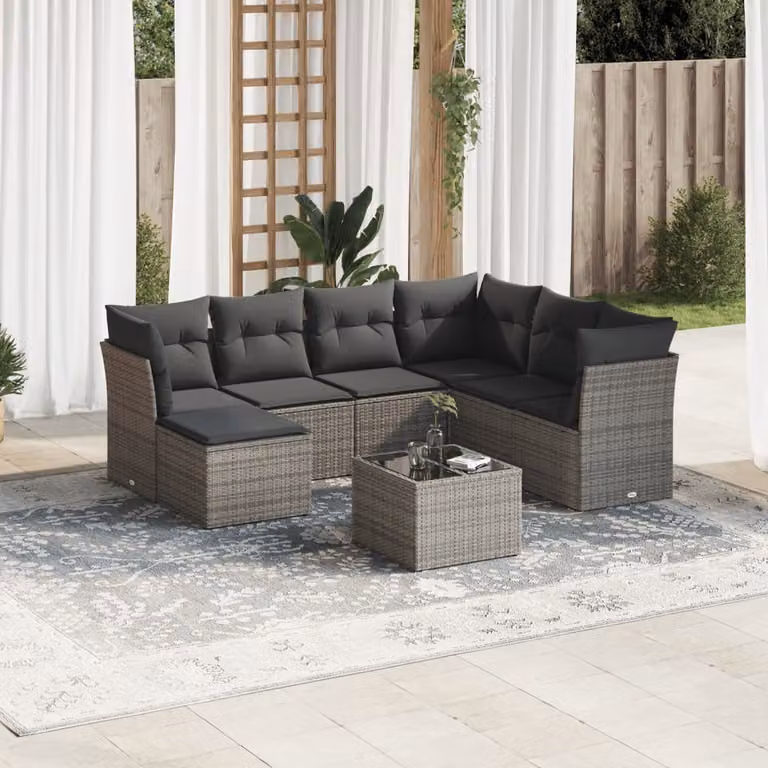 vidaXL Set Divano da Giardino 8 pz a L con Cuscini Grigio in Polyrattan e Tavolino da Esterno