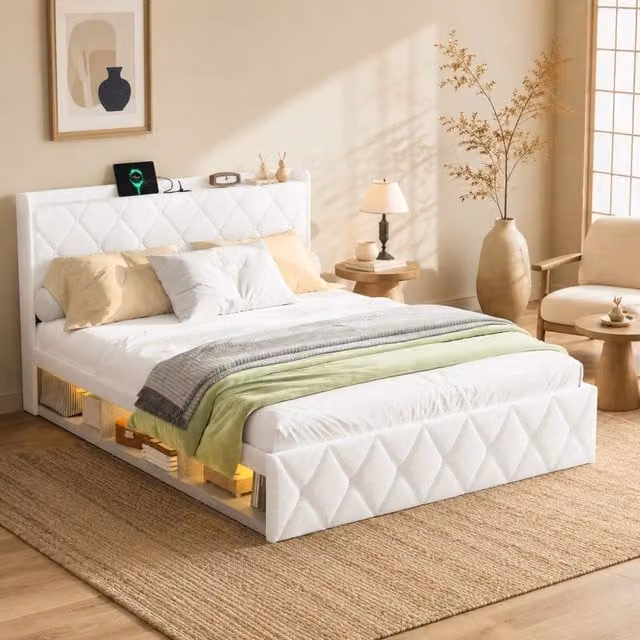 Letto matrimoniale adulto 140x200 cm bianco con USB e LED, tessuto peluche, senza materasso