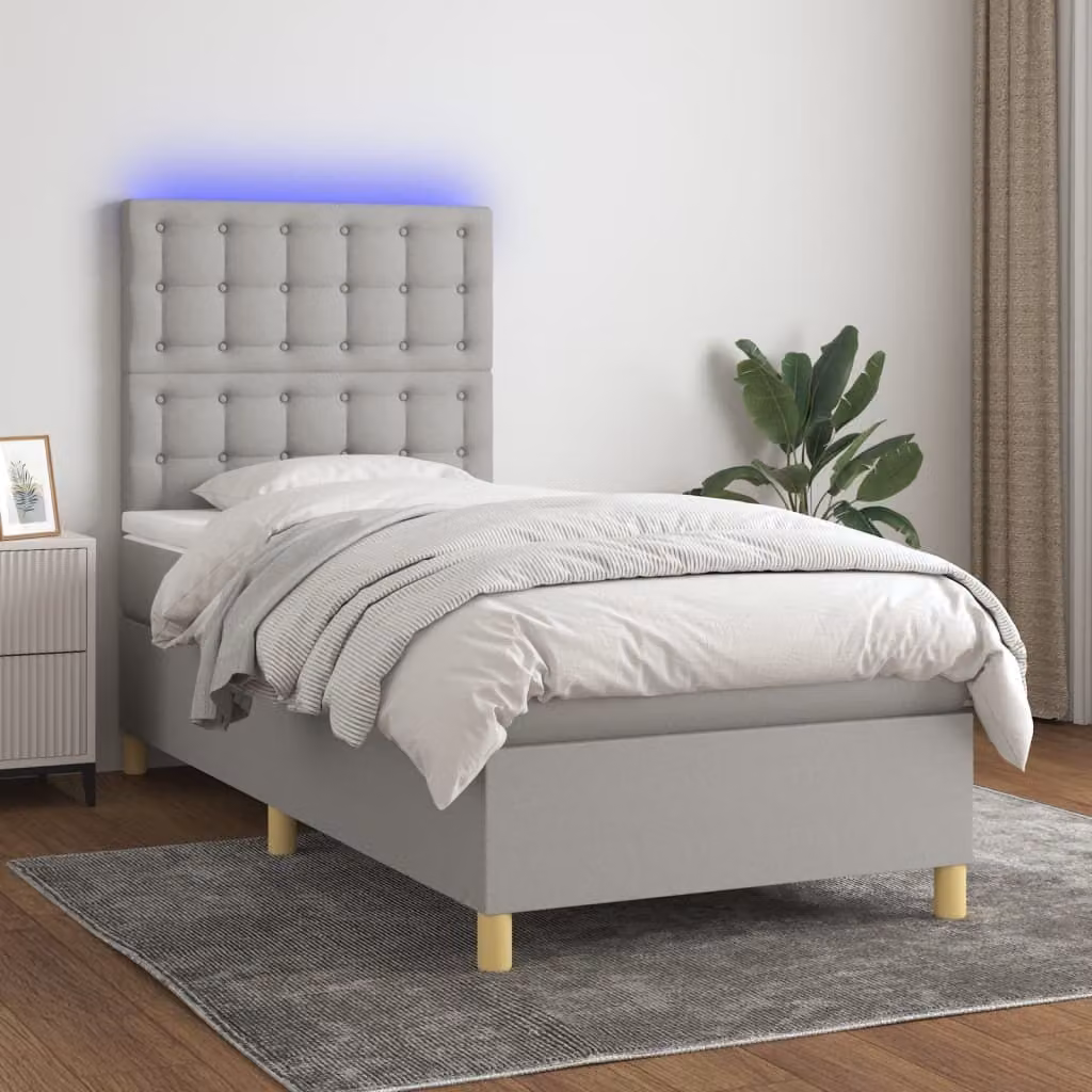 The Living Store Letto a molle con materasso e LED in tessuto grigio chiaro 80x200 cm