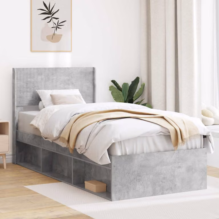 vidaXL Struttura letto moderna con contenitore e testata in legno MDF Grigio Cemento L: 140 cm, P: 100 cm, H: 203 cm