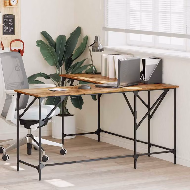 Scrivania angolare vidaXL in legno e metallo, finitura legno vecchio, L/P/H: 149 x 149 x 75 cm