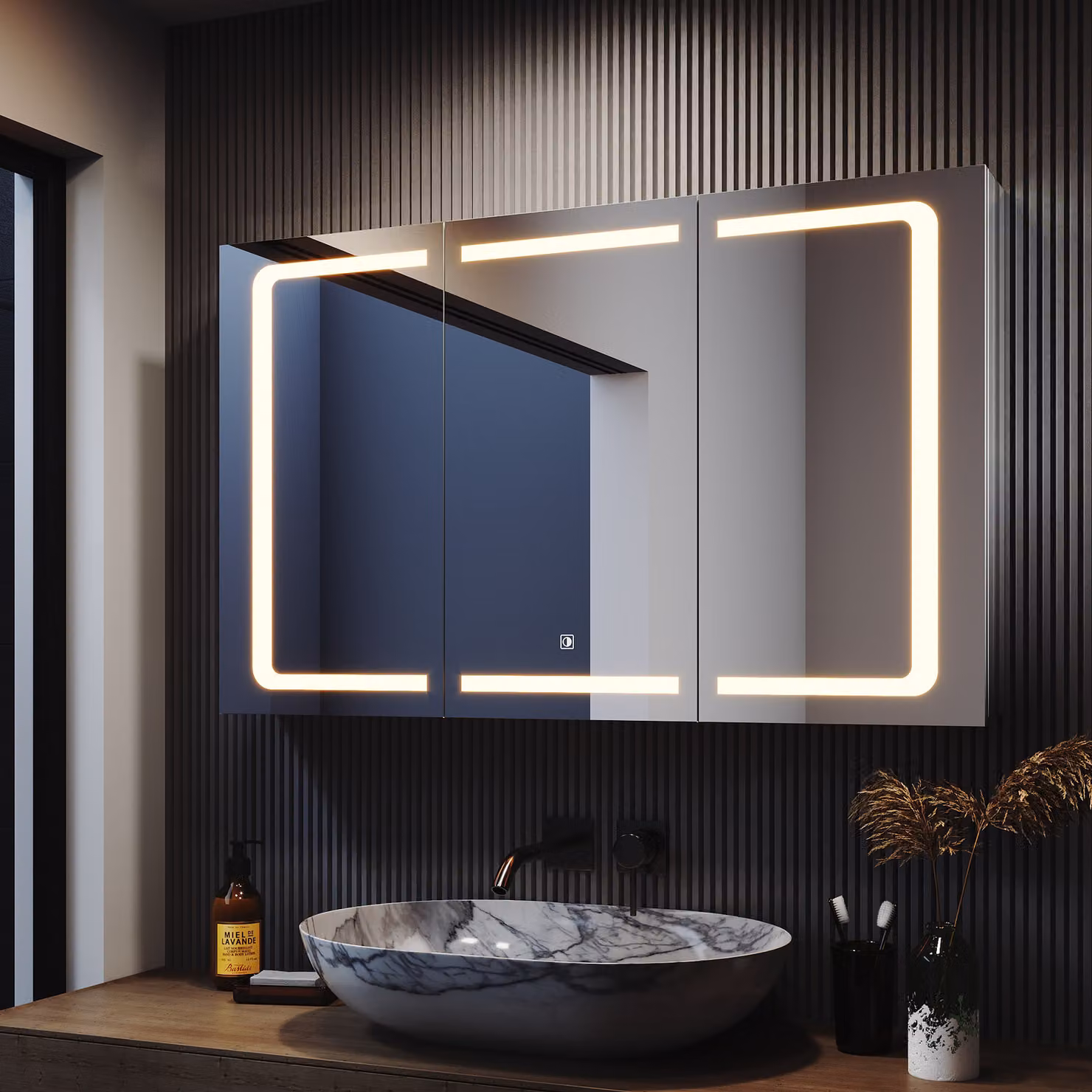 SONNI armadio specchio bagno LED con illuminazione a 3 colori 105x65cm presa rasoio touch 3 ante acciaio inox design cerniera senza fili