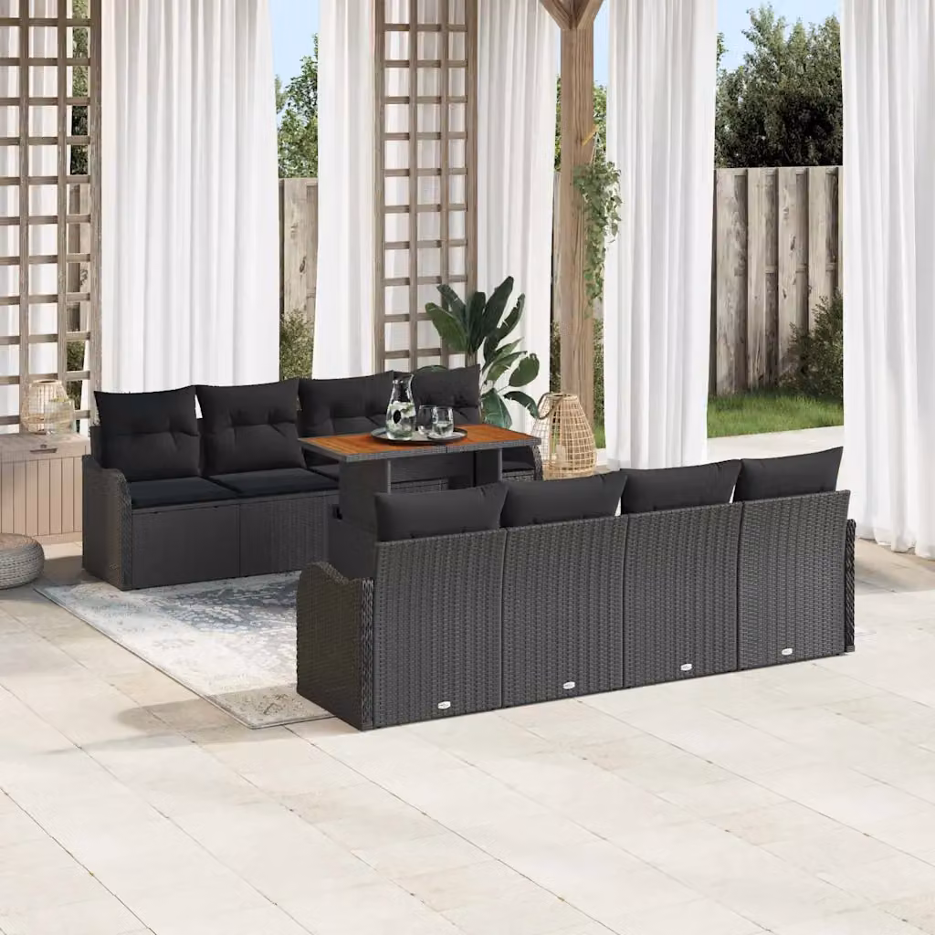 Set Divano da Giardino vidaXL 9 Pezzi Nero con Cuscini e Contenitore per Archiviazione in Rattan e Metallo – 1