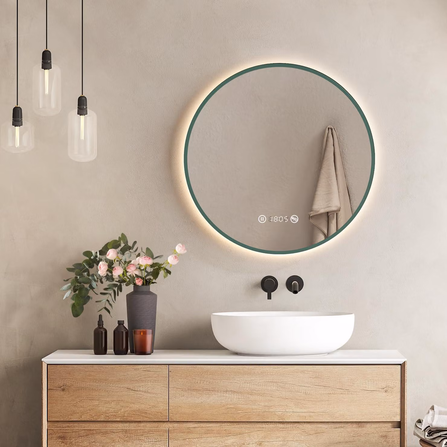 Specchio da bagno LED rotondo, diametro 60 cm, verde scuro, antiappannamento, grado di protezione IP44
