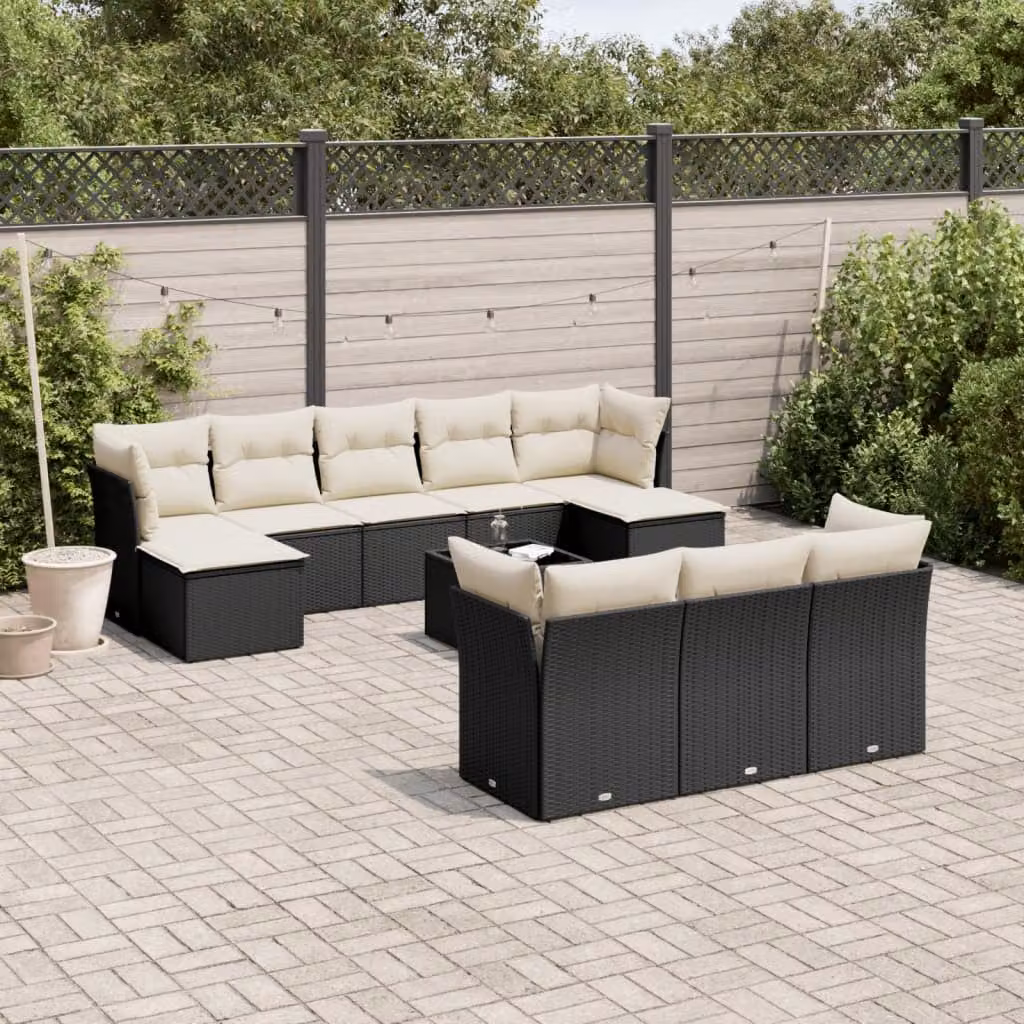 vidaXL Set Divani da Giardino 11 pz a Forma a U con Cuscini e Tavolino, Nero e Bianco – 1