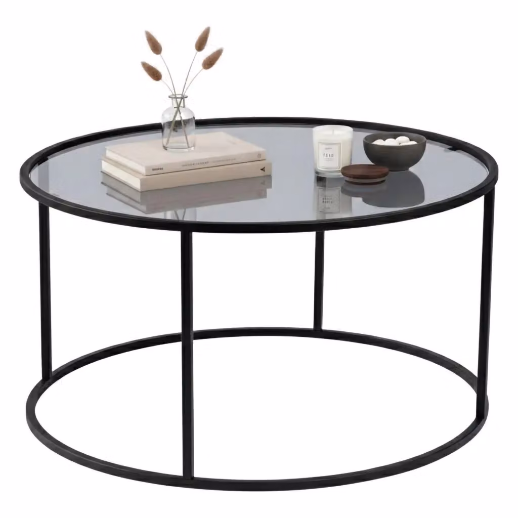 Tavolino da salotto Geralt DMORA nero e trasparente con piano in vetro e struttura in metallo, L/P/H: 80 x 80 x 43 cm – 2
