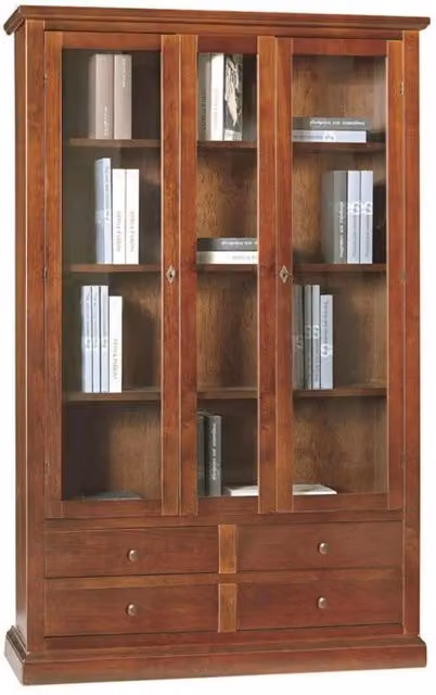 Vetrina in stile arte povera Mobili 2G con 2 porte in vetro e 4 cassetti in legno color noce L: 119 cm, P: 40 cm, H: 185 cm