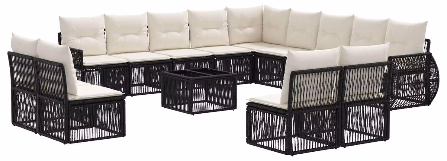 Set Divano da Giardino 14 pcs Nero e Bianco Crema polyrattan