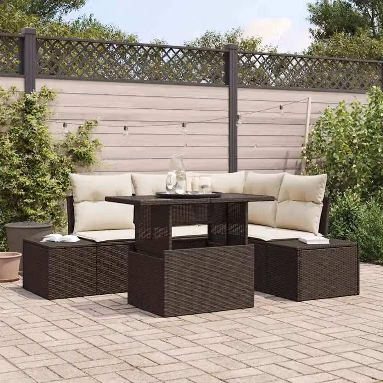 Set Divano da Giardino vidaXL 5 Pezzi in Polyrattan Marrone e Beige con Cuscini e Tavolino