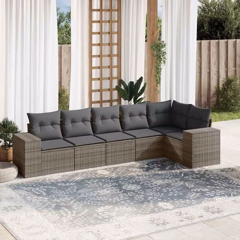 Set Divano da Giardino vidaXL a Forma di L in Polyrattan Grigio con 6 Cuscini Imbottiti e Coperture Rimovibili