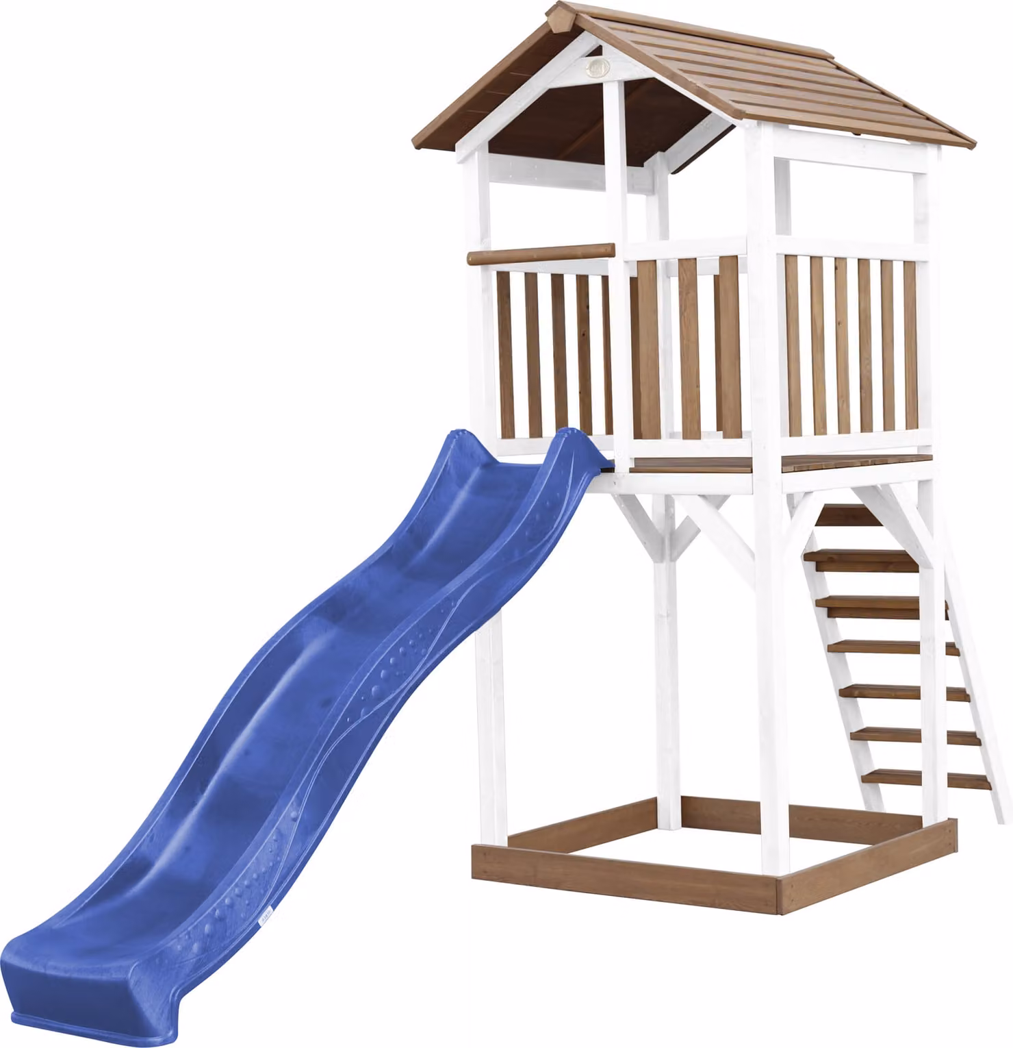 AXI Beach Tower parco giochi in legno in marrone e bianco | Torre di gioco per bambini con sabbiera e scivolo blu | Casa per bambini su palafitte per il giardino