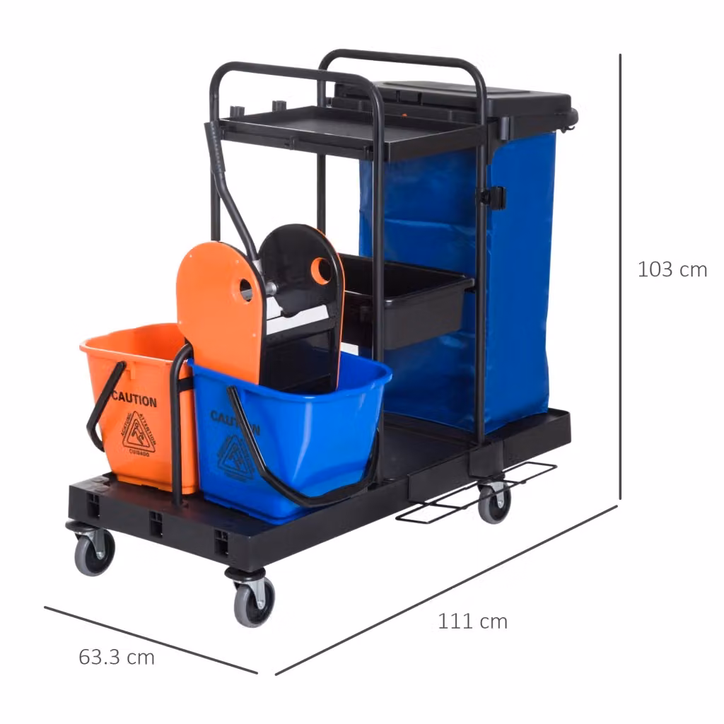 Carrello per pulizie professionale WISHDOR in metallo nero con doppio ripiano e strizzatore removibile, L 111 cm x P 63,3 cm x H 103 cm – 2