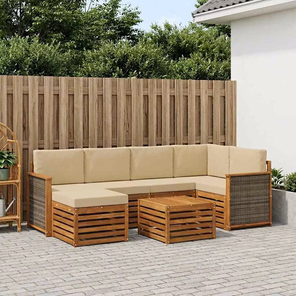 Set di divani da esterno vidaXL 6 pz in legno di acacia con cuscini, colore beige e marrone