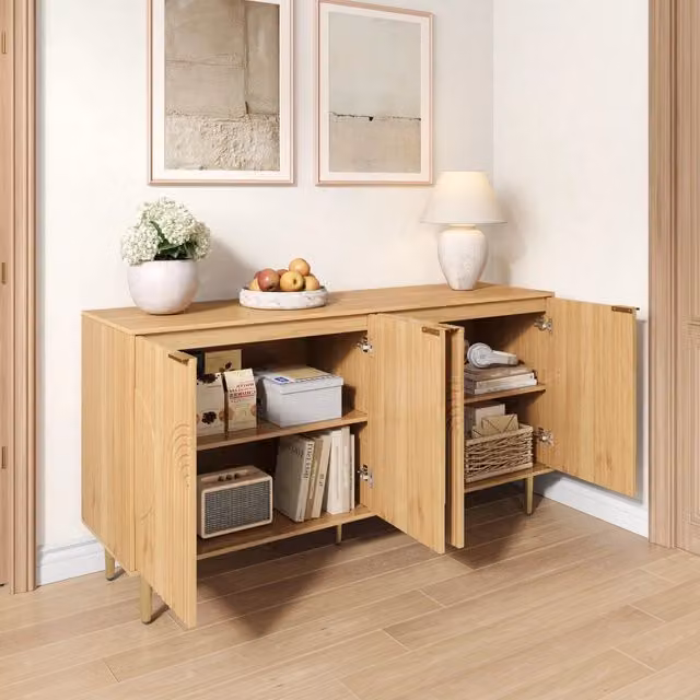 Credenza e madia moderna in MDF beige e marrone con 4 ante, ripiani regolabili e gambe in metallo, L 140 x P 40 x H 72 cm