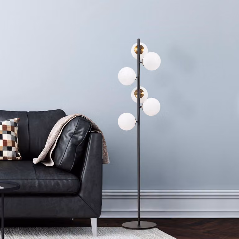 Opviq, moderna lampada da terra con struttura in metallo e paralume in vetro, 35 x 22 x 163 cm | 6 attacchi E14, max. 40 W | Design elegante in nero, ideale per la casa e gli hotel.