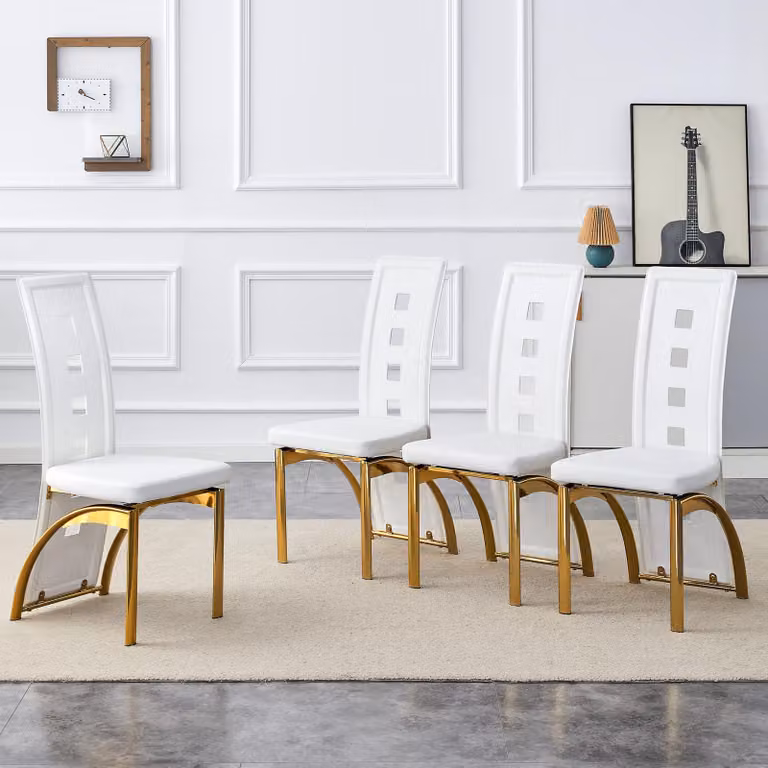 Set di 4 sedie da pranzo, motivo a fori, rivestimento in ecopelle, gambe in metallo, altezza 102,5 cm (bianco e oro)