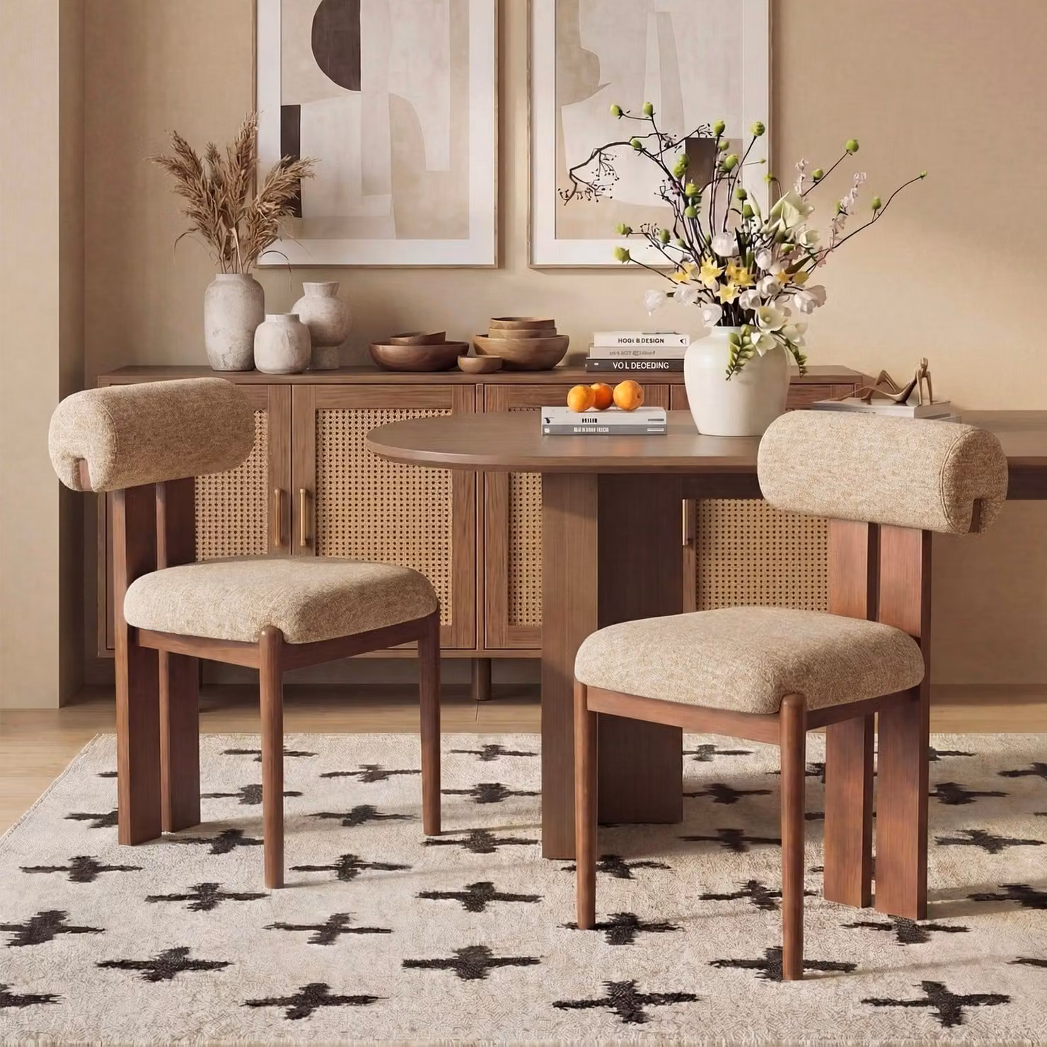 Set di 2 sedie da pranzo con schienale cilindrico, struttura in legno, design moderno, adatte per cucina e sala da pranzo, colore marrone