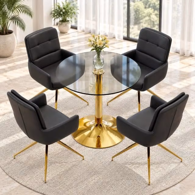 Set da pranzo con tavolo rotondo in vetro temperato Ø 85 cm e 4 sedie girevoli in PU nero e oro