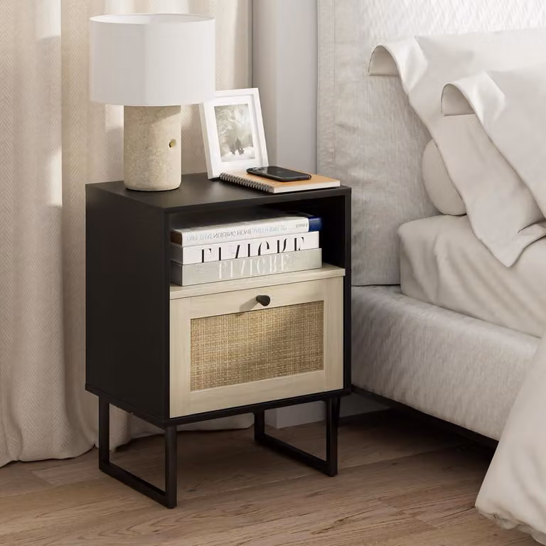 HEYZOEY Tavolino in rattan Boho con cassetto e ripiano in quercia, comodino per camera da letto e soggiorno