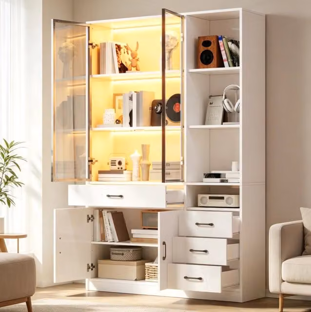 Credenza alta con vetrina in vetro e LED 120x35x200 cm bianca