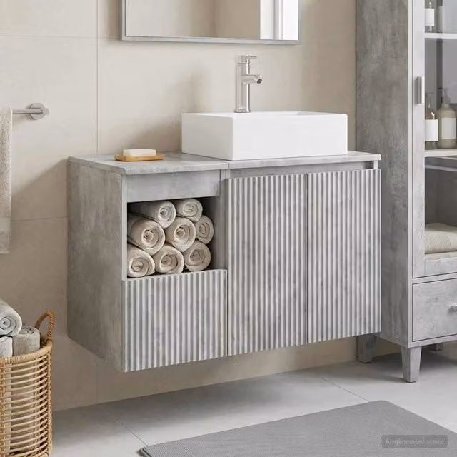 Set di mobili per bagno vidaXL composto da mobile lavabo e mobile contenitore in legno composito Grigio Argento con finitura opaca e design minimalista