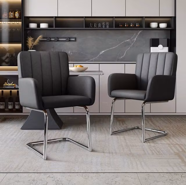 Set di 6 sedie da pranzo moderne in similpelle nera con gambe in metallo a Z
