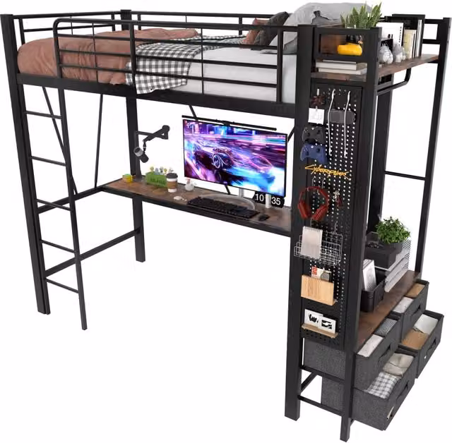 Letto Soppalcato REDOM Nero con Scrivania, LED e Porta USB Type-C, L/P/H: 90 x 200 cm