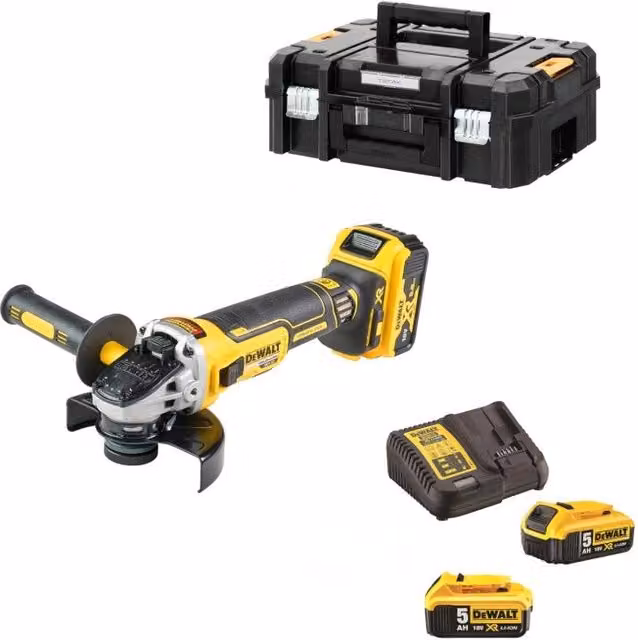 Smerigliatrice a batteria DeWalt DCG405P3-QW da 125 mm, 18V, con 3 batterie da 5.0 Ah, caricabatterie e valigetta TStak, colore giallo – 1