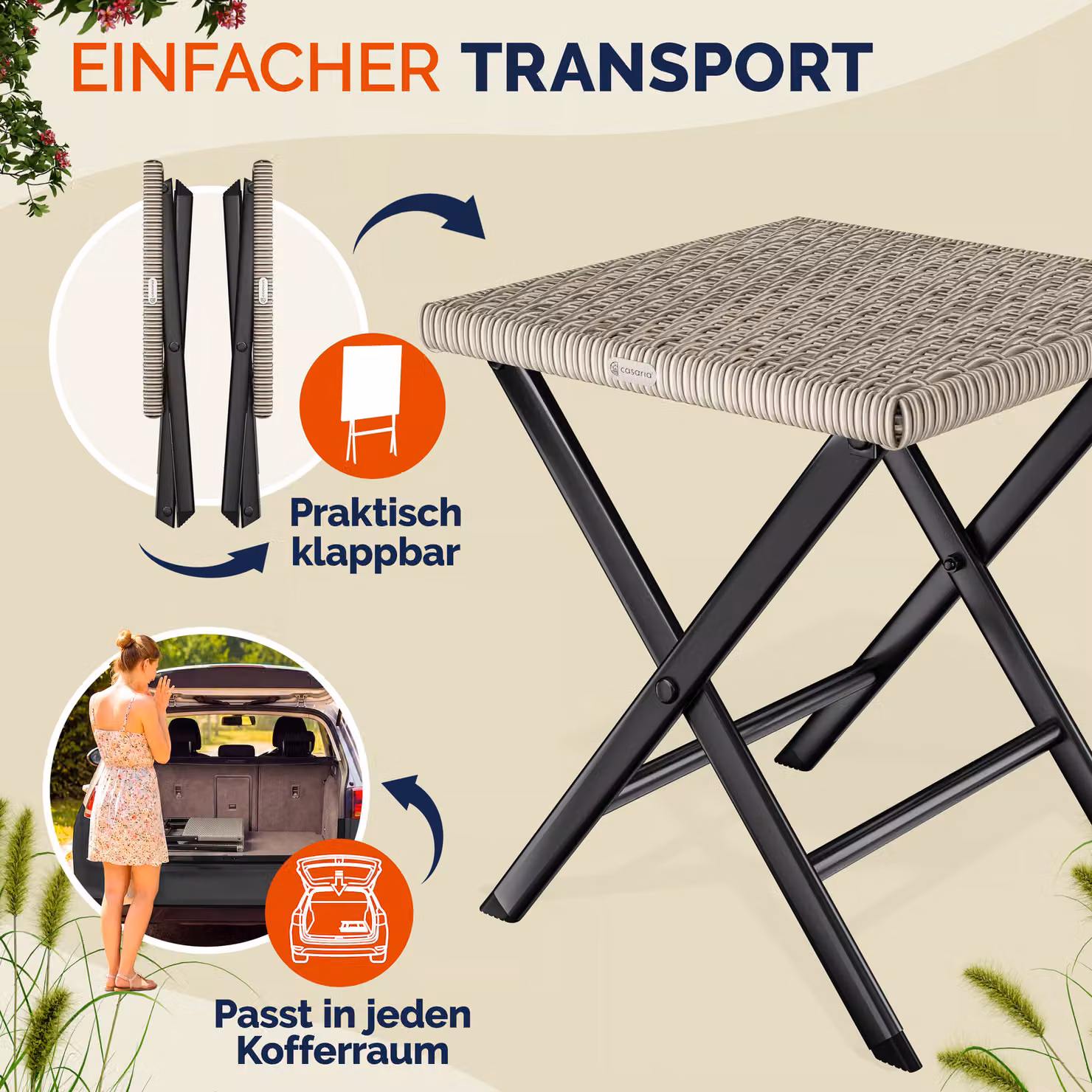 Sgabello pieghevole 3in1 Roma Casaria in polyrattan nero per giardino e terrazzo L/P/H: 44 x 40 x 44 cm – 2