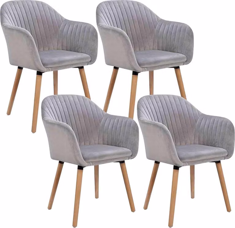 Set di 4 sedie da pranzo grigio chiaro Deluxe – Seduta in velluto – Sedia da pranzo e da cucina – Sedia da salotto – Sedia a secchiello – Con braccioli – Comoda e moderna