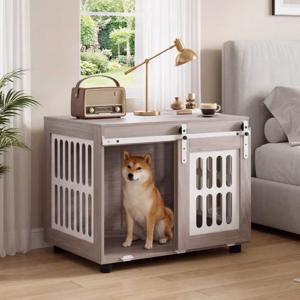 Gabbia per cani in legno e metallo marrone con finestre laterali e porta scorrevole per interno – 2