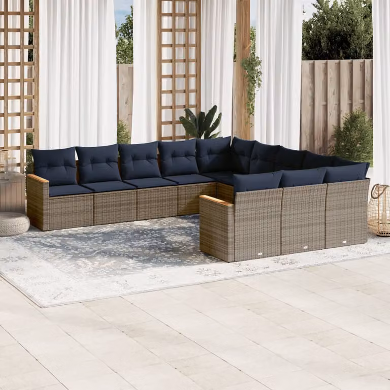 Set di divani da giardino vidaXL in polyrattan da 11 pezzi con cuscini grigi e blu a forma di L