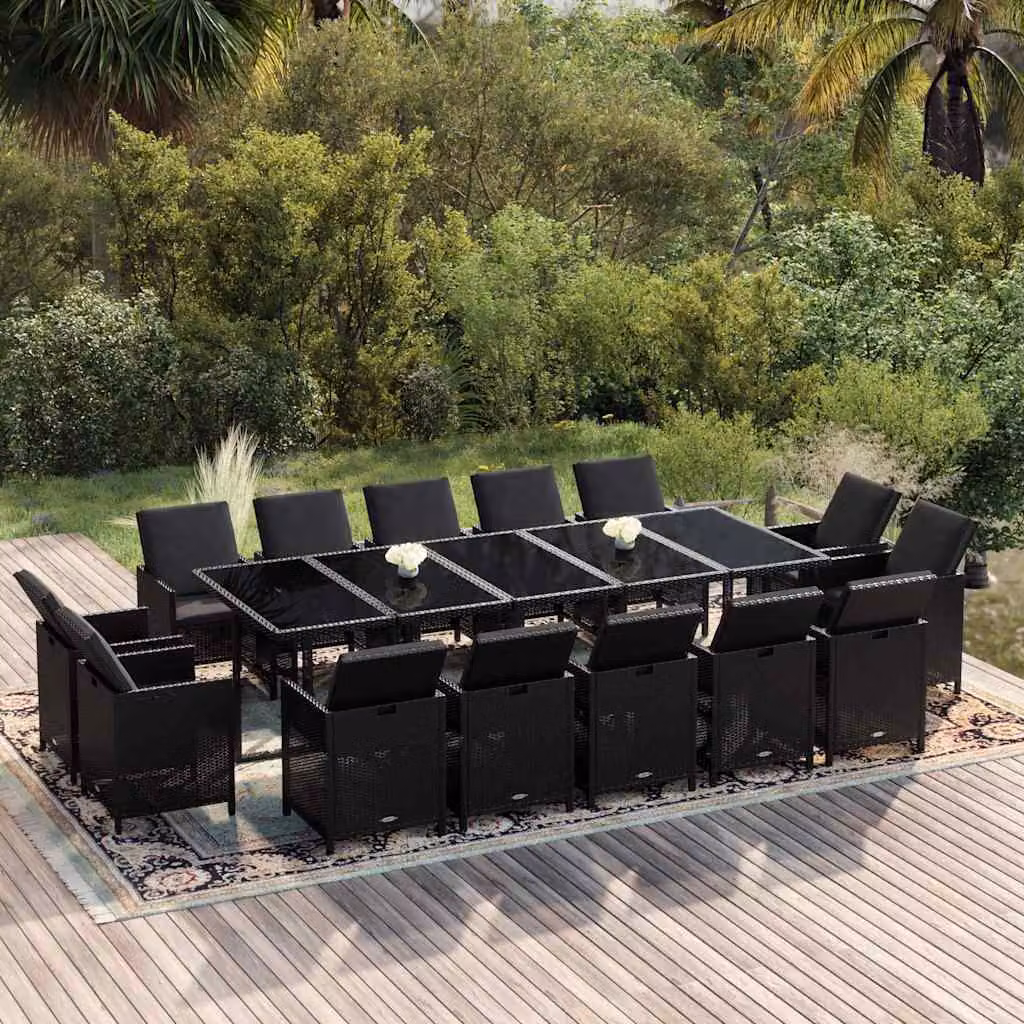 Set da pranzo da giardino moderno vidaXL in polyrattan nero con cuscini e tavolo in vetro, 15 pezzi
