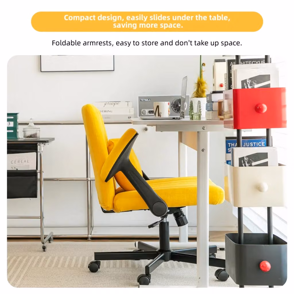 Sedia da ufficio girevole moderna in velluto giallo con braccioli pieghevoli e ruote silenziose – 2