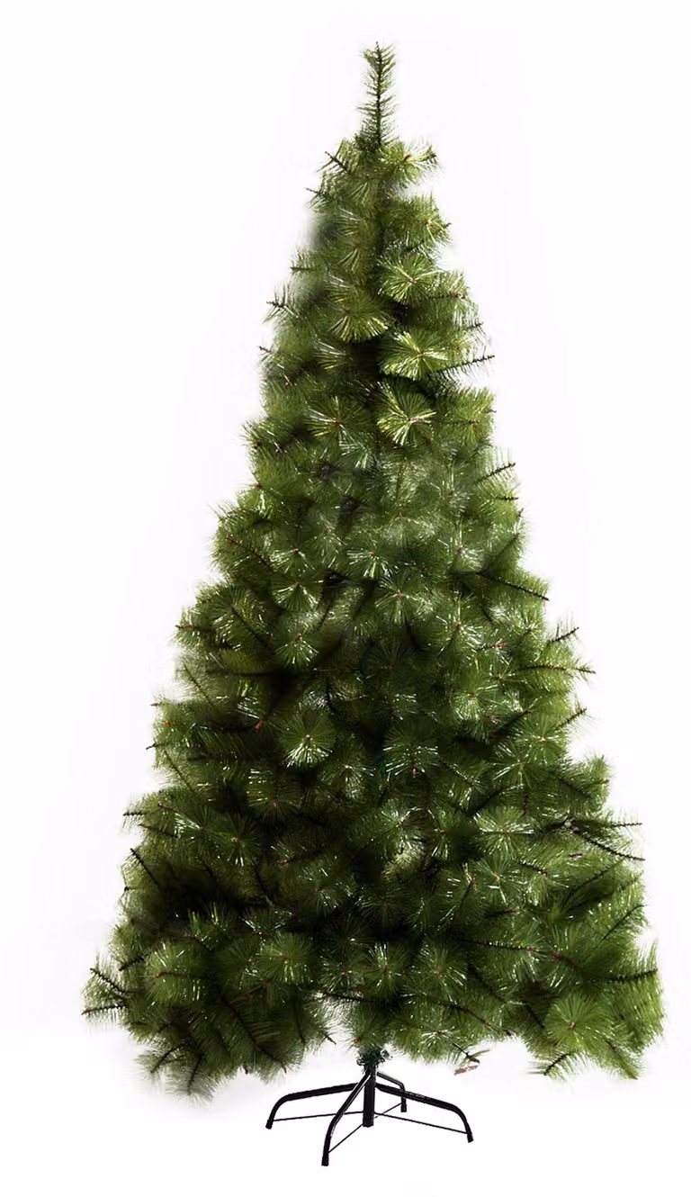 Albero di Natale artificiale, altezza 210 cm, con gancio, decorato con 505 punte e dettagli argentati. Include supporto in metallo
