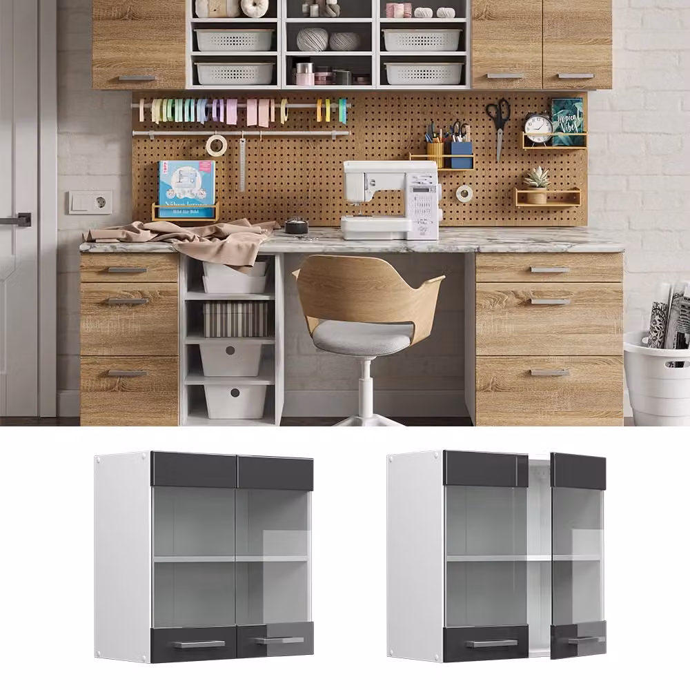 Pensile universale R-Line Vicco moderno con ante in vetro, Antracite e Bianco, L: 60 cm, P: 31 cm, H: 60 cm – 2