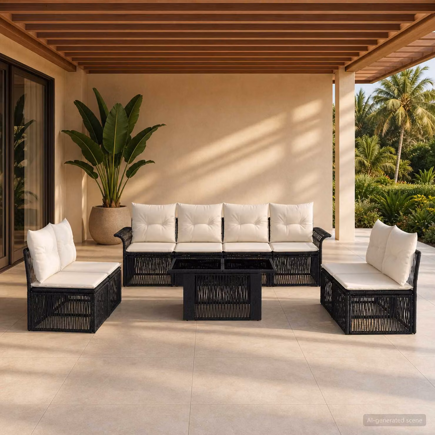 Set Divano da Giardino vidaXL 9 pz in Polyrattan Nero e Bianco con Tavolino e Cuscini