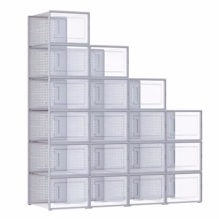 Scatole Porta Scarpe Pieghevoli e Impilabili, Trasparente + Grigio / L ( 35P x 25,2L x 19A cm )
