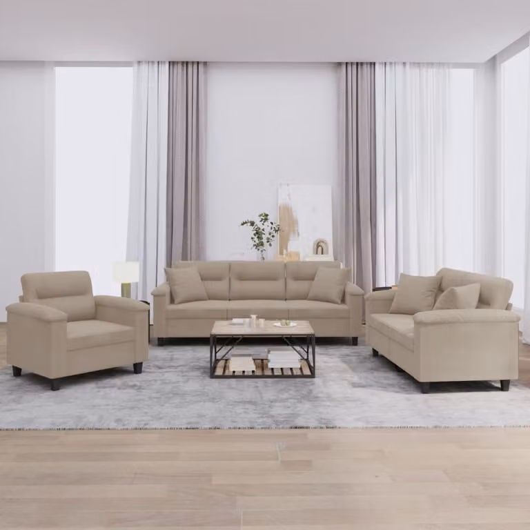 Set di divani 3 pezzi vidaXL in microfibra beige e grigio con cuscini e braccioli per il tuo soggiorno