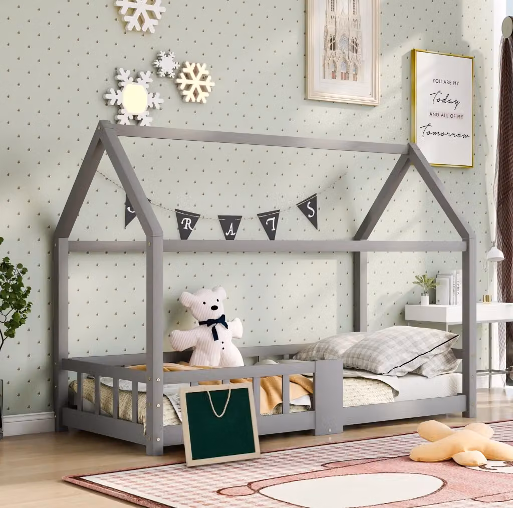 Letto a casetta per bambini MODFU in legno di pino e MDF grigio con lavagna e sponda anticaduta L/P/H: 200 x 90 cm – 2