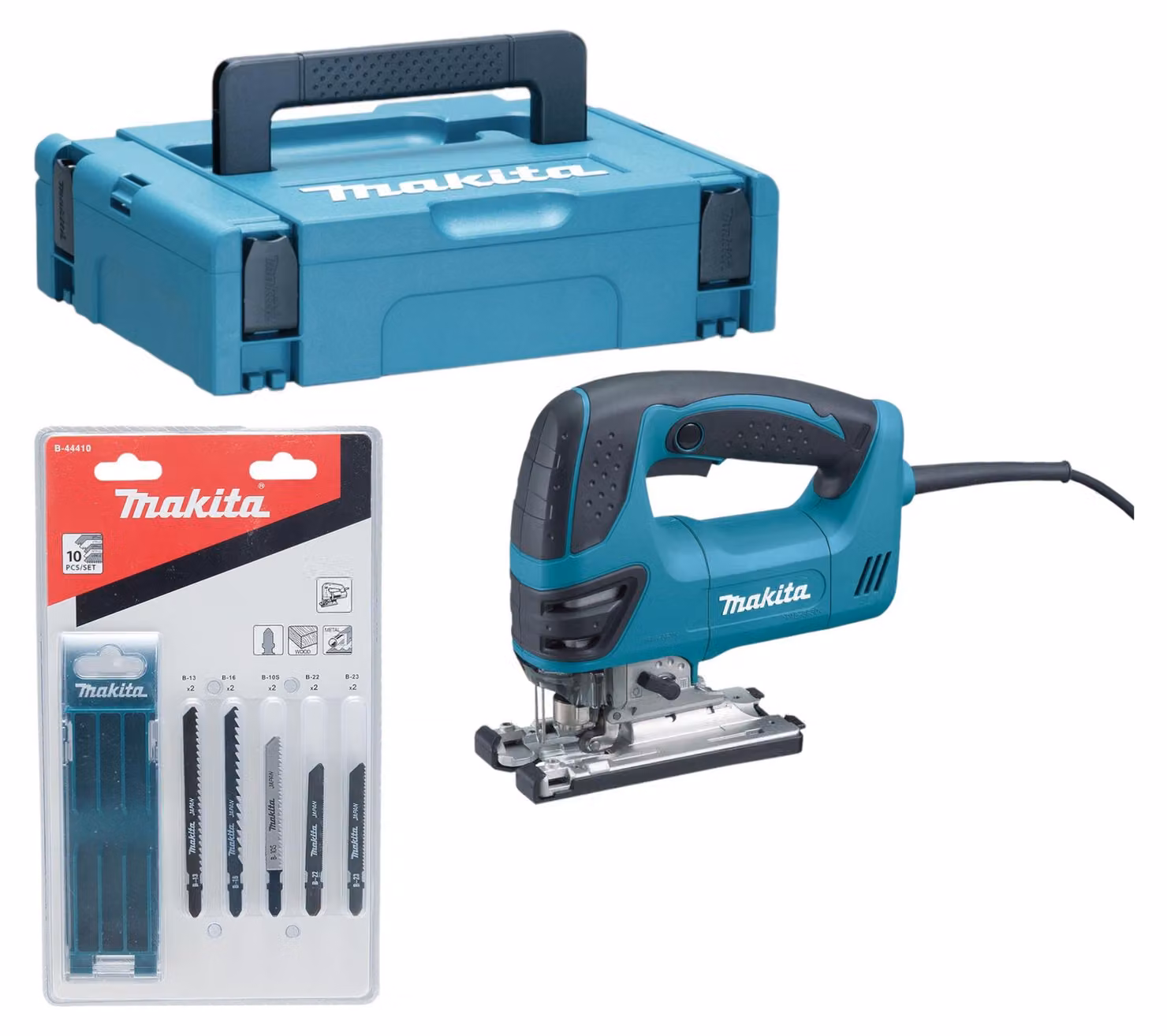 Makita 4350 FCTJ Seghetto alternativo 720 W + Valigetta MAKPAC + Set di 6 Lame da taglio