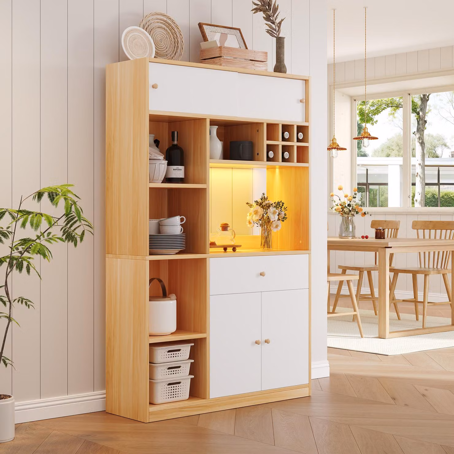 Merax mobile da cucina a buffet, con cassetto a LED, 3 ante, ripiani, colonna, mobile a buffet, per sala da pranzo cucinaBianco+Naturale
