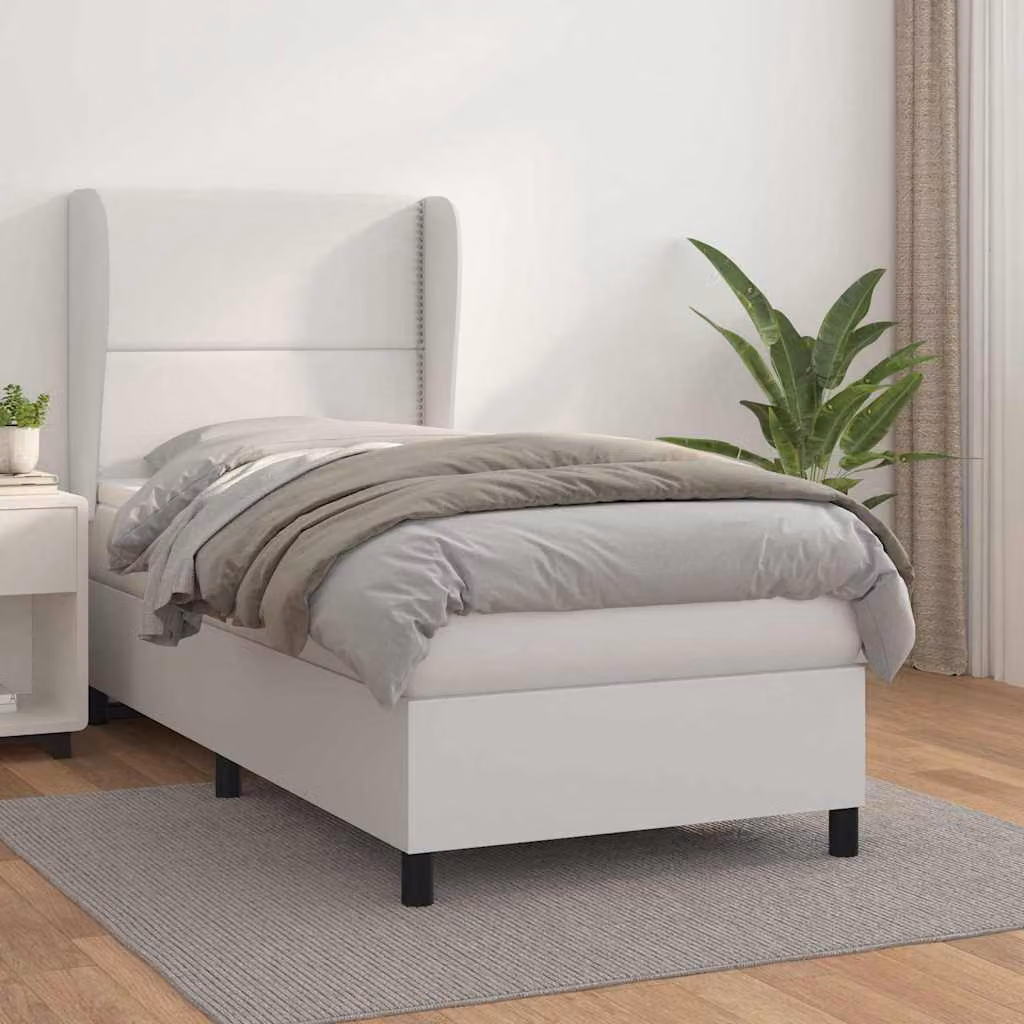 vidaXL Giroletto a Molle con Materasso Bianco in Similpelle e Tessuto L/P/H: 200 x 100 x 128 cm – 1