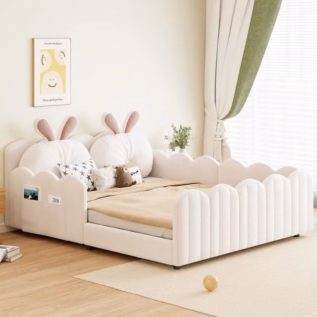 Letto a piattaforma imbottito 140 x 200 cm con cuscino a forma di coniglio - Beige