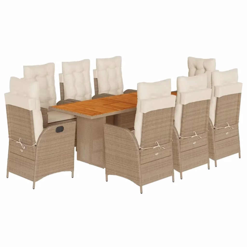 vidaXL Set da Pranzo da Giardino 9 pz in Polyrattan e Legno di Acacia con Cuscini Beige e Bianchi – 2