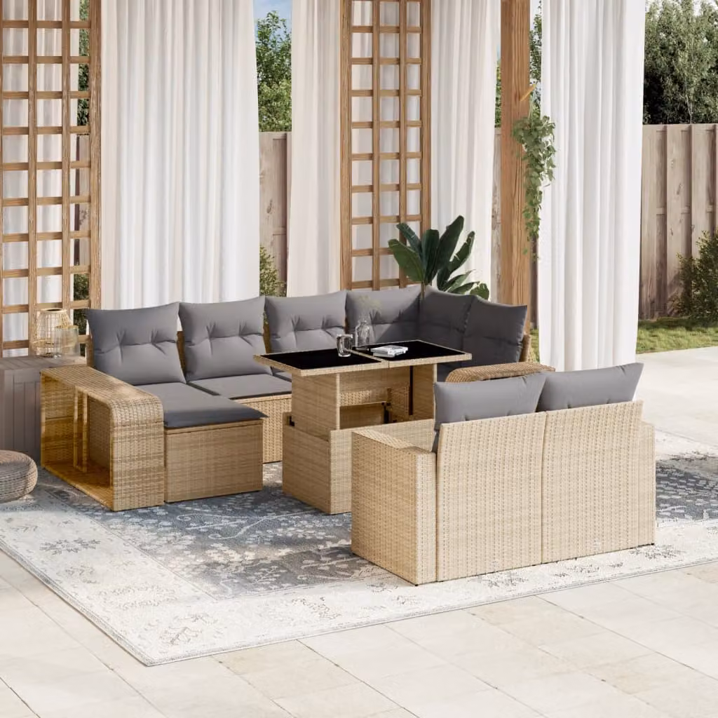 vidaXL Set Divani da Giardino 11 pz in Polyrattan con Cuscini Beige e Tavolino da Esterno – 1