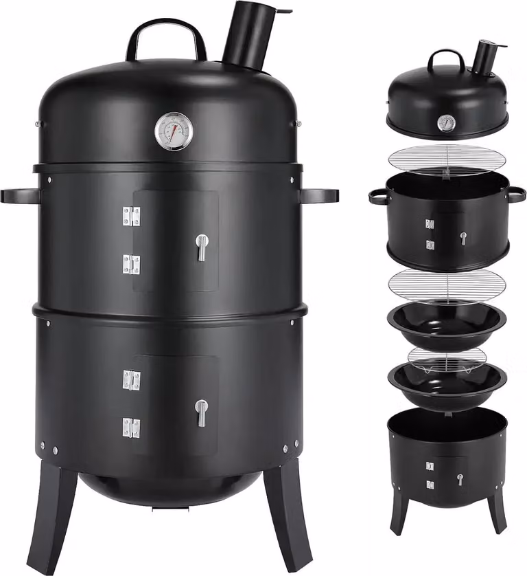 Affumicatore e griglia a carbone - Affumicatore ad acqua 3 in 1 - Con camino - 2 griglie in acciaio inox - Termometro nel coperchio - Acciaio verniciato a polvere - Grigio