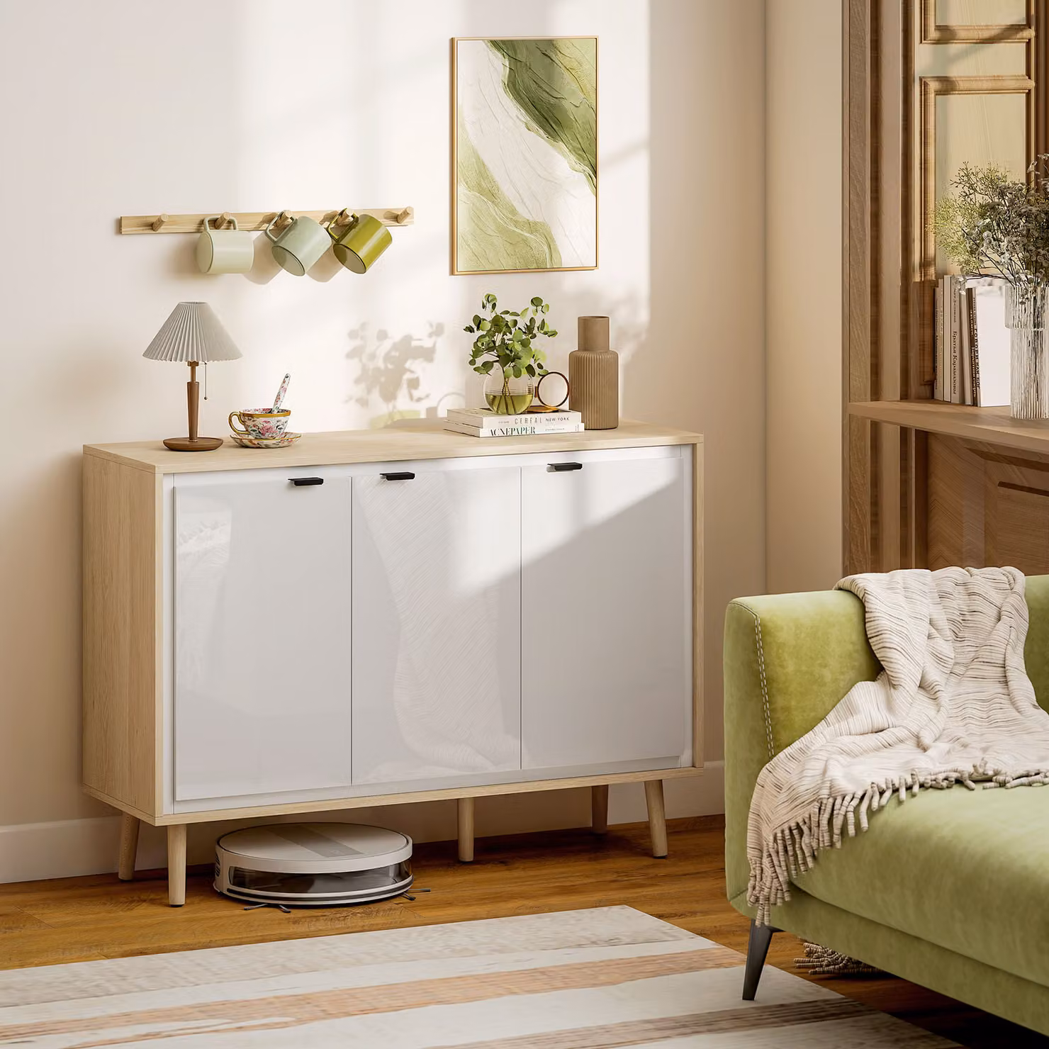 Credenza Moderna HOMCOM a 3 Ante con Ripiano Regolabile, Bianco Lucido e Rovere, L 107 x P 35 x H 77 cm – 2