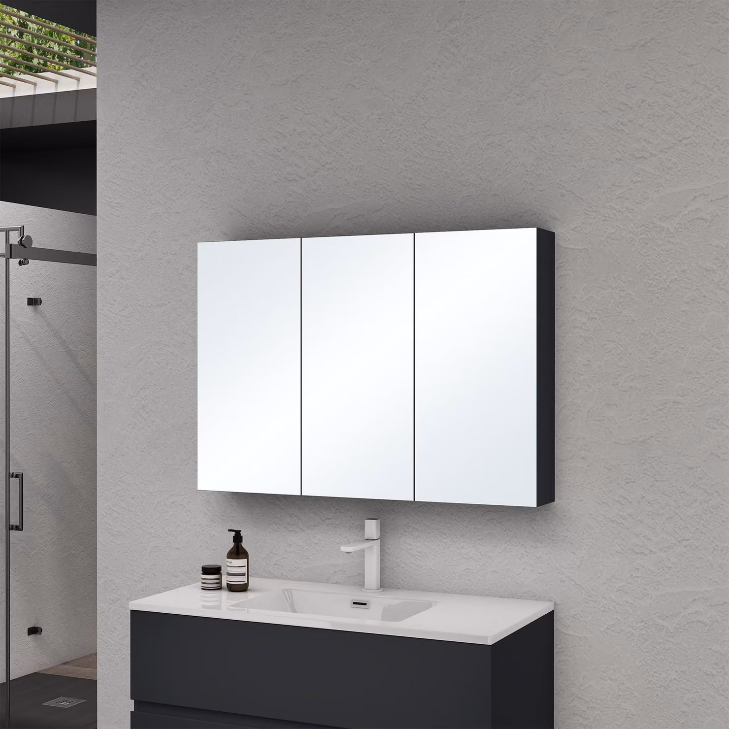doporro Armadietto a Specchio 100x15x70cm, Specchio da Parete con 3 Ante in Legno Antracite opaco Spiegelschrank 02