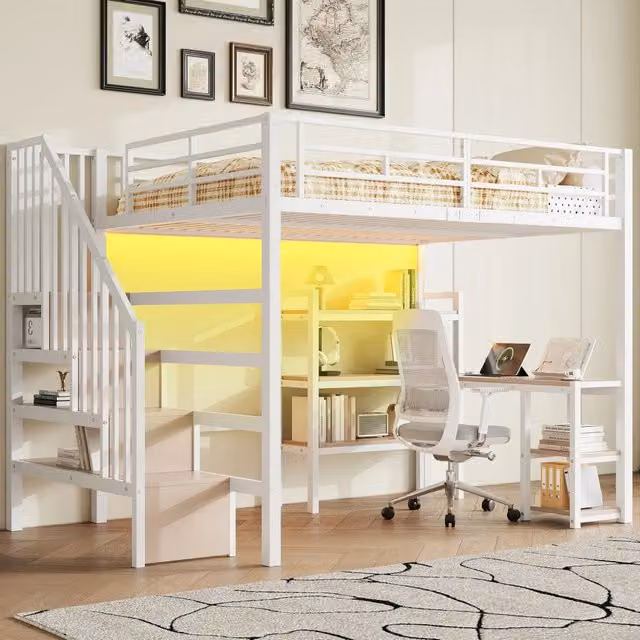 Letto a soppalco in metallo 140x200 cm con scrivania integrata; scale e LED; bianco